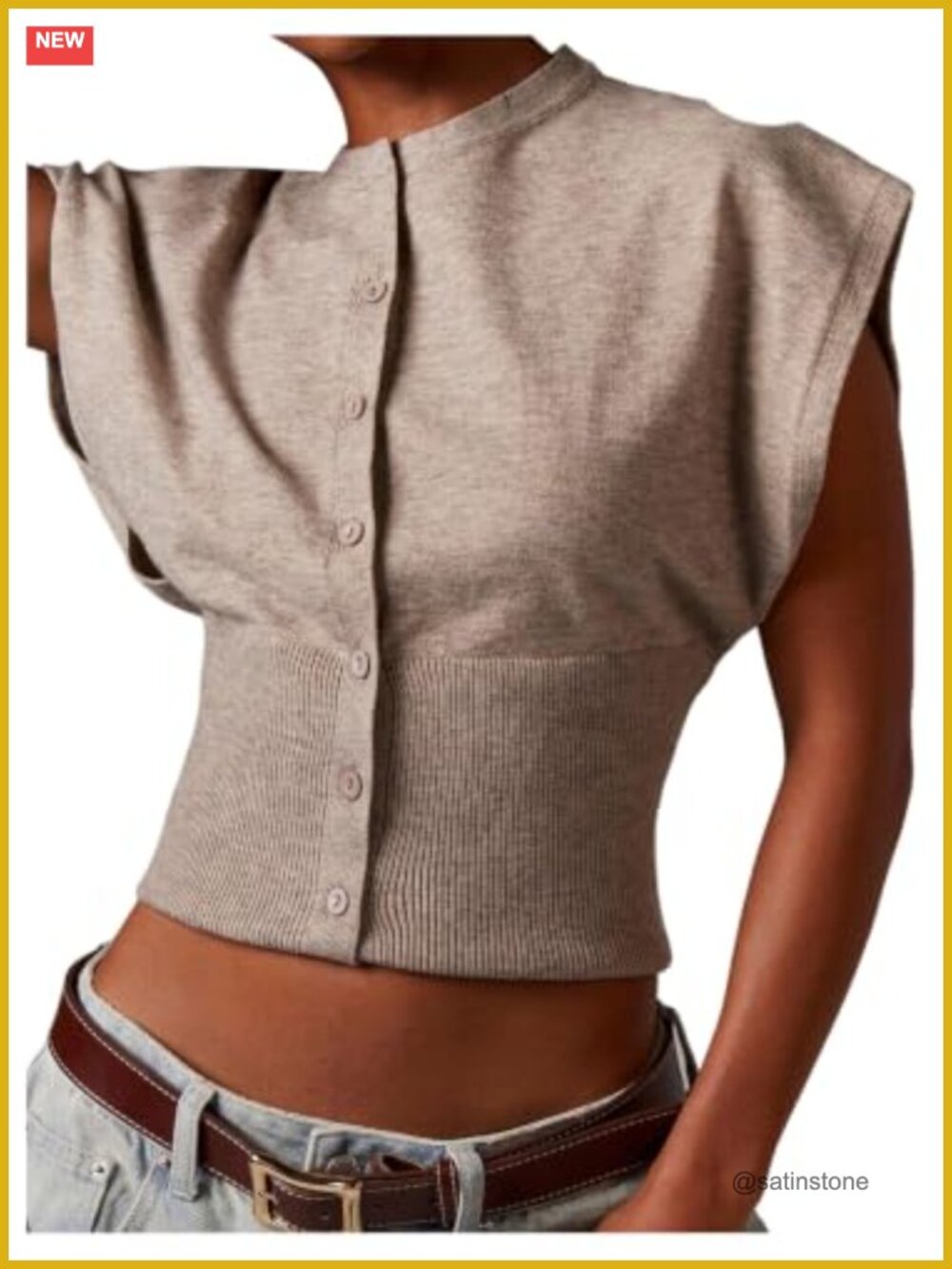 Sleeveless Button Front Sweater Vest with Cinched Waist and Cap Sleeve